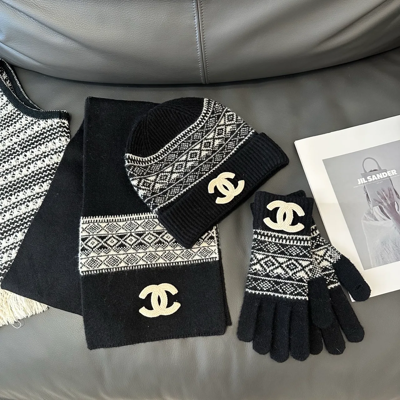 Chanel Hat, Scarf and Gloves Set in Beige & Black · view 3