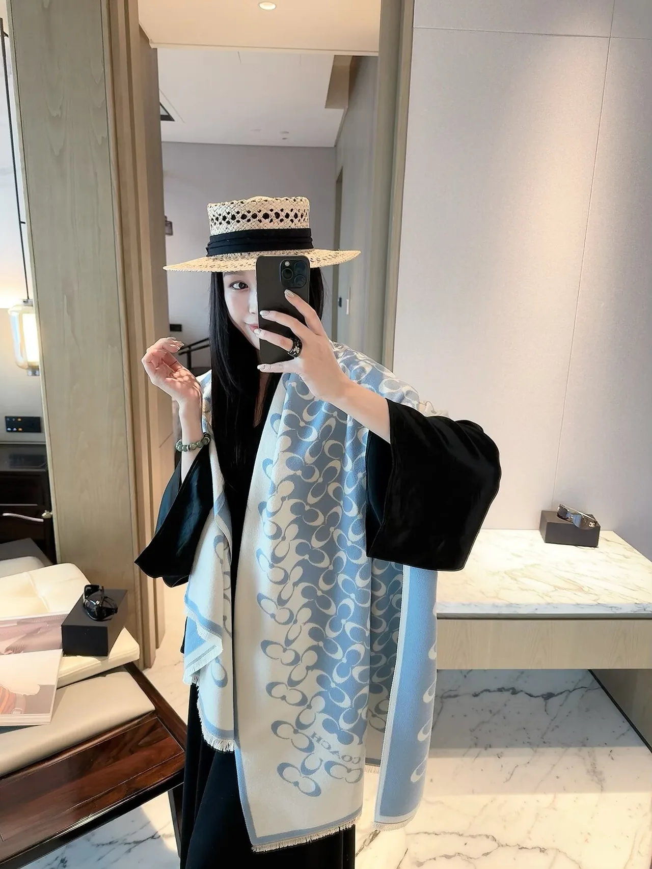 Coach Reversible C Shawl in Blue · view 4
