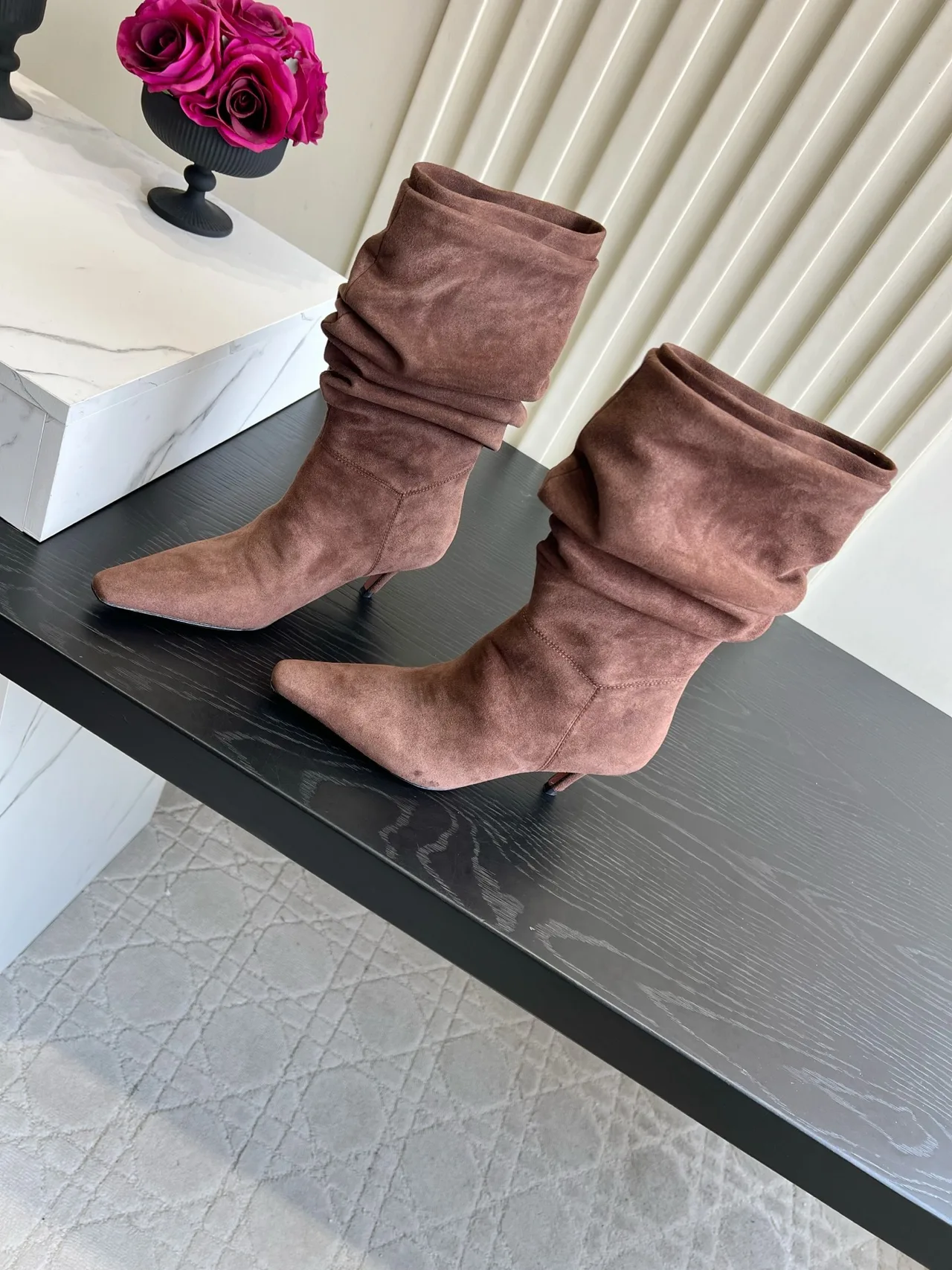 Amina Muaddi Cowhide Ribbed Glossy Pointed-Toe Slouch Ankle Boots in Pink · view 1