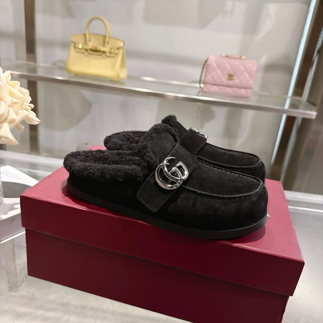Gucci Cowhide Wool Suede-Look Slippers in Black · view 1