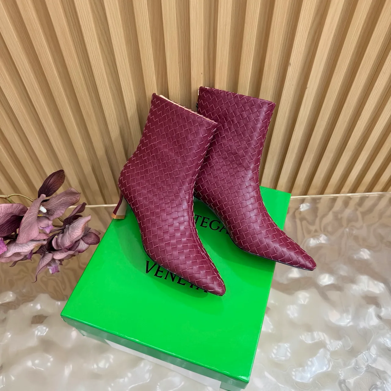Bottega Veneta Woven Glossy Pointed-Toe Ankle Boots in Burgundy · view 3