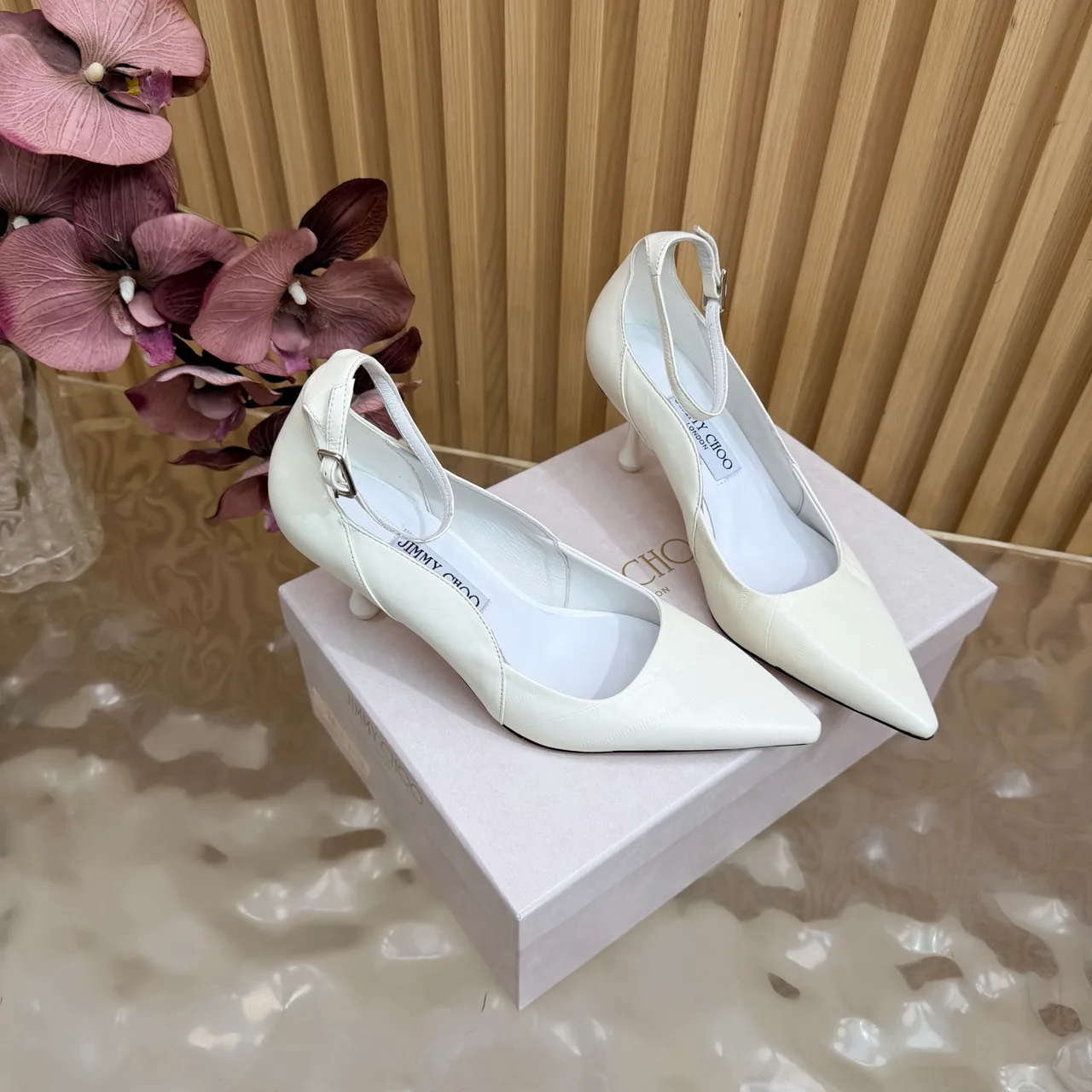Jimmy Choo Cowhide Glossy Pointed-Toe Pointed Heel Pumps in White · view 4