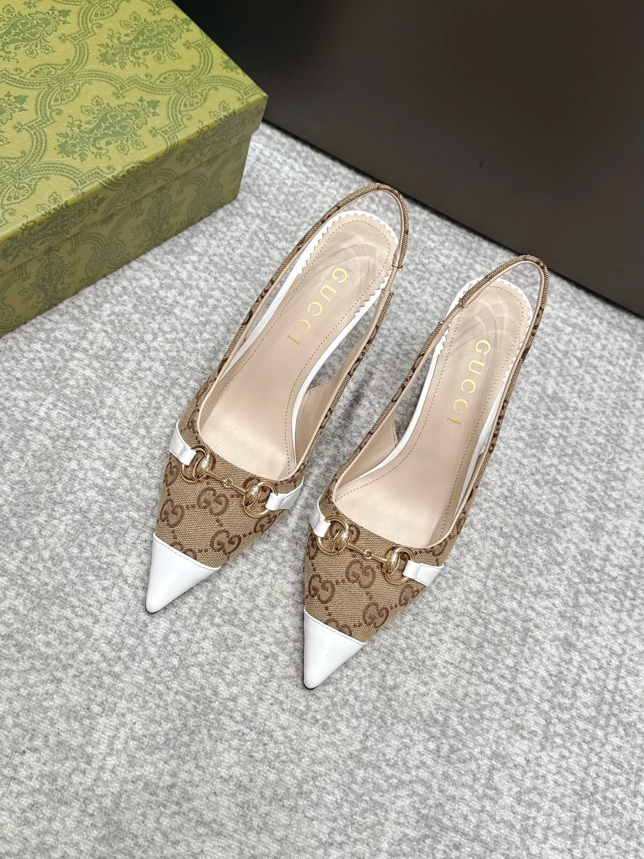 Gucci Pointed-Toe Monogram Slingback Pumps in Beige · view 1