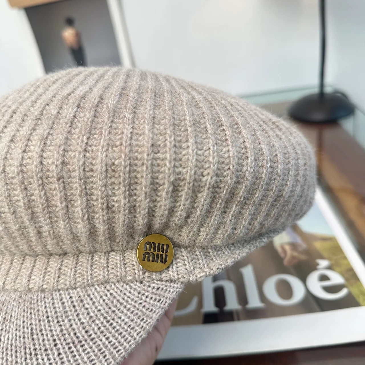 Miu Miu Knit Brimmed Cap in Grey & Black & White & Brown & Beige · view 8