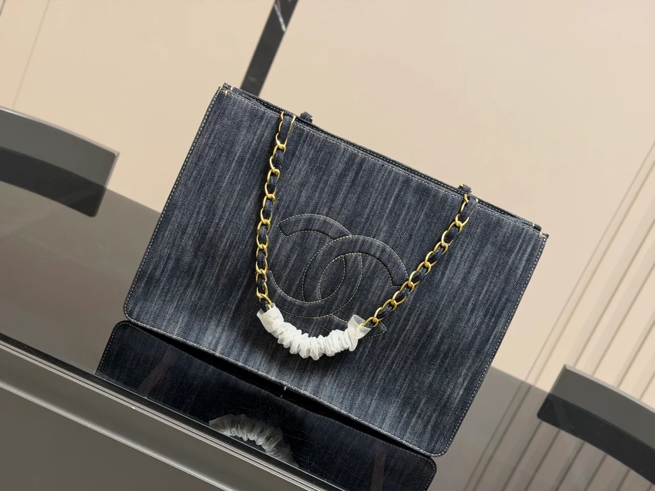 Chanel Denim Chain Tote in Blue · view 6