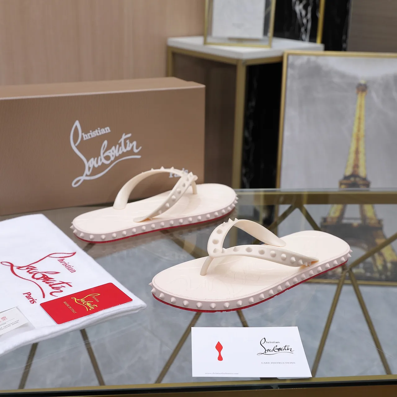 Christian Louboutin Studded Flip-Flops in White · view 4