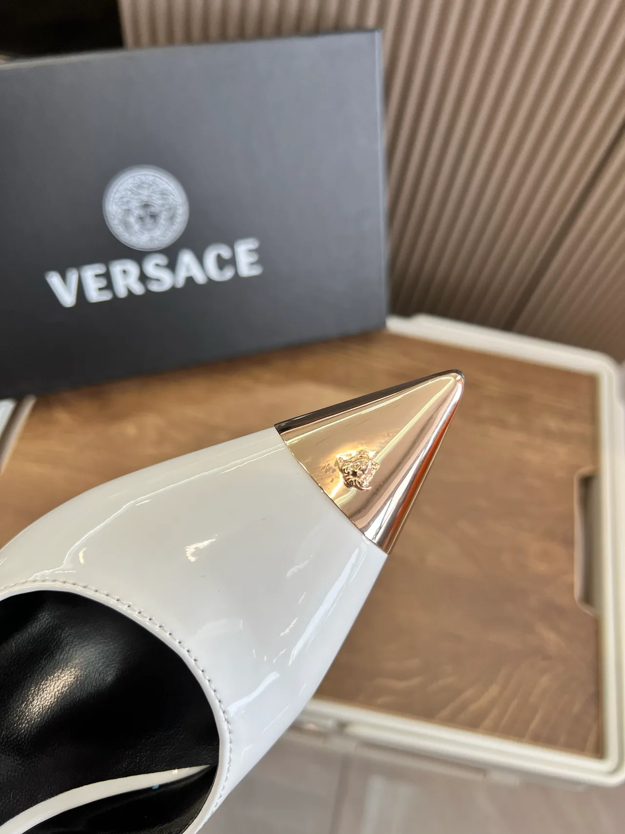 Versace Pointed-Toe Pointed Slingback Pumps in White · view 8