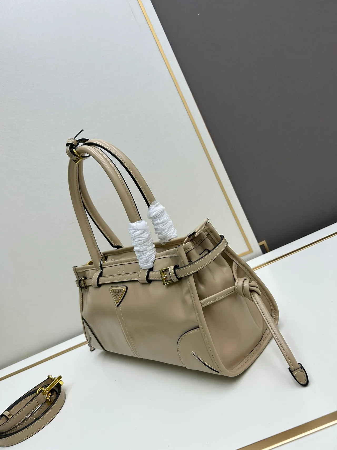 Prada Smooth Top-Handle Bag in Beige · view 2