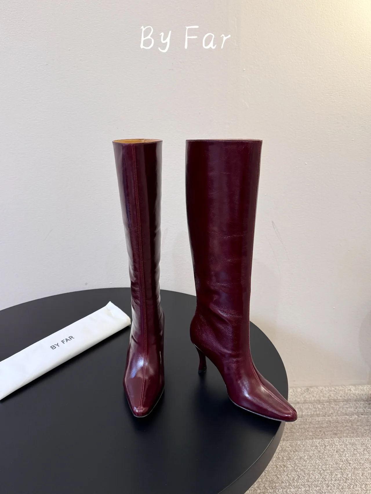By Far Glossy Pointed-Toe Knee-High Boots in Burgundy · view 2