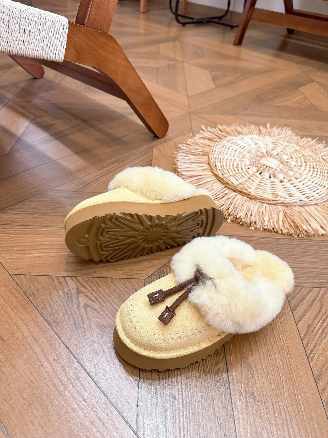 Glossy Tassel Plush-Cuff Platform Mules in Yellow · view 4