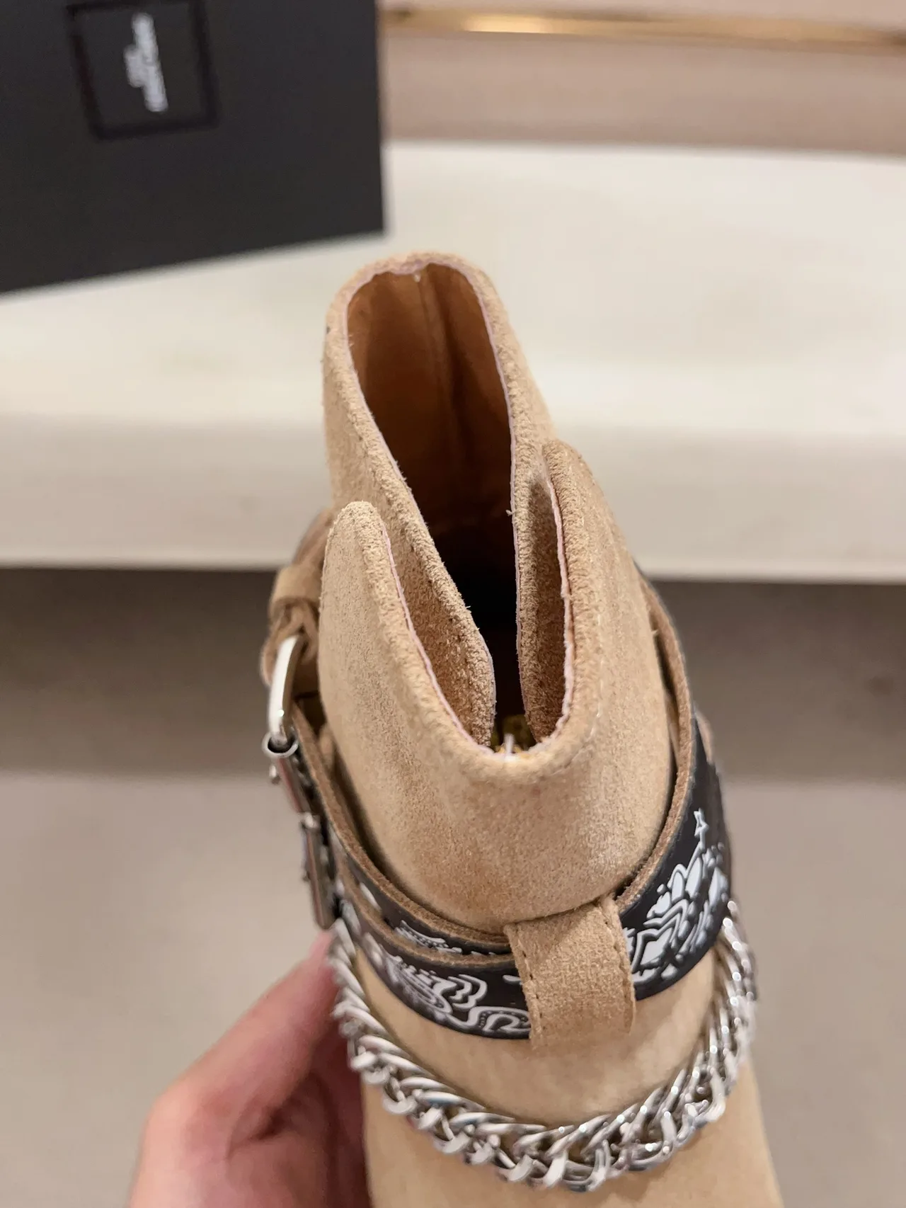 Saint Laurent Cowhide Suede-Look Square-Toe Ankle Boots in Tan · view 7