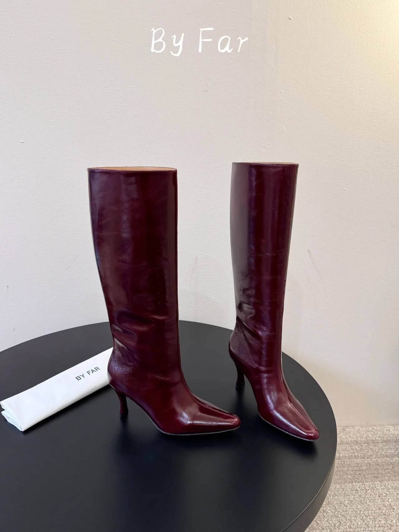 By Far Glossy Pointed-Toe Knee-High Boots in Burgundy · view 4