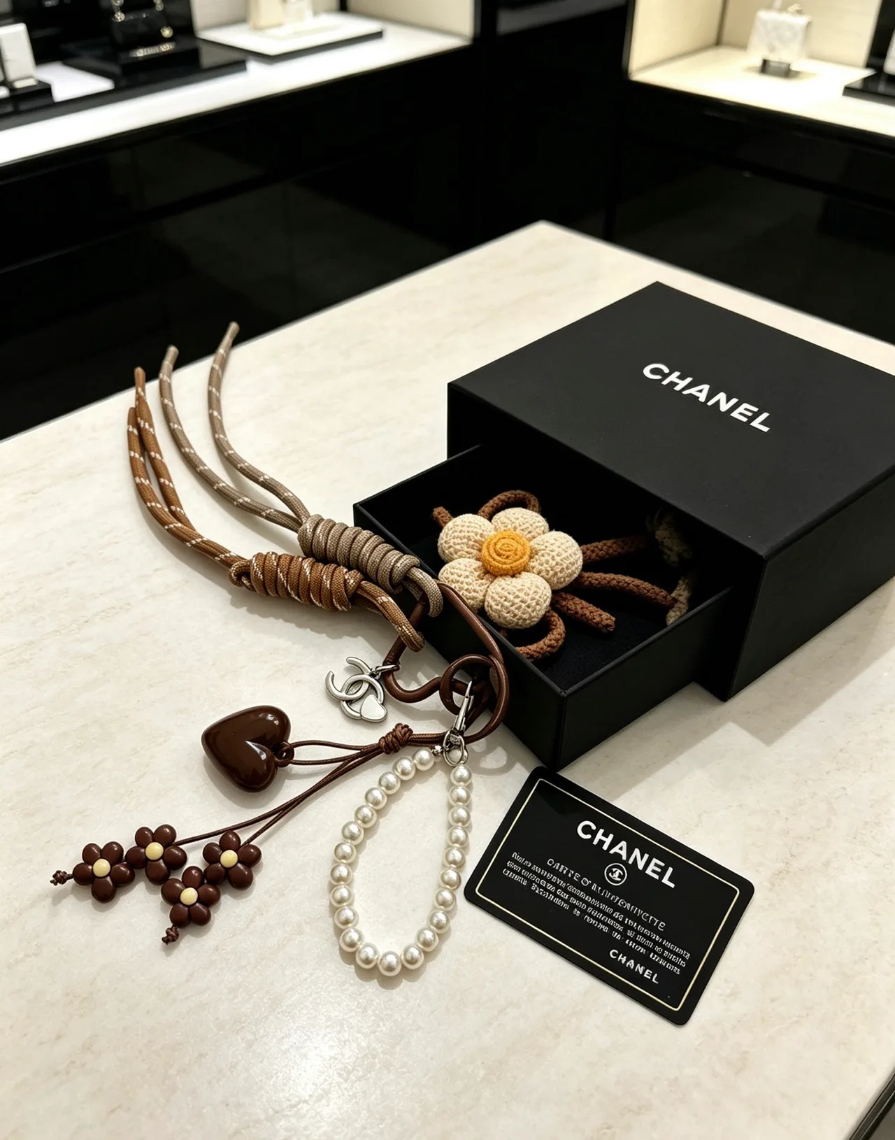 Chanel Woven Flower Bag Charm in Beige · view 6