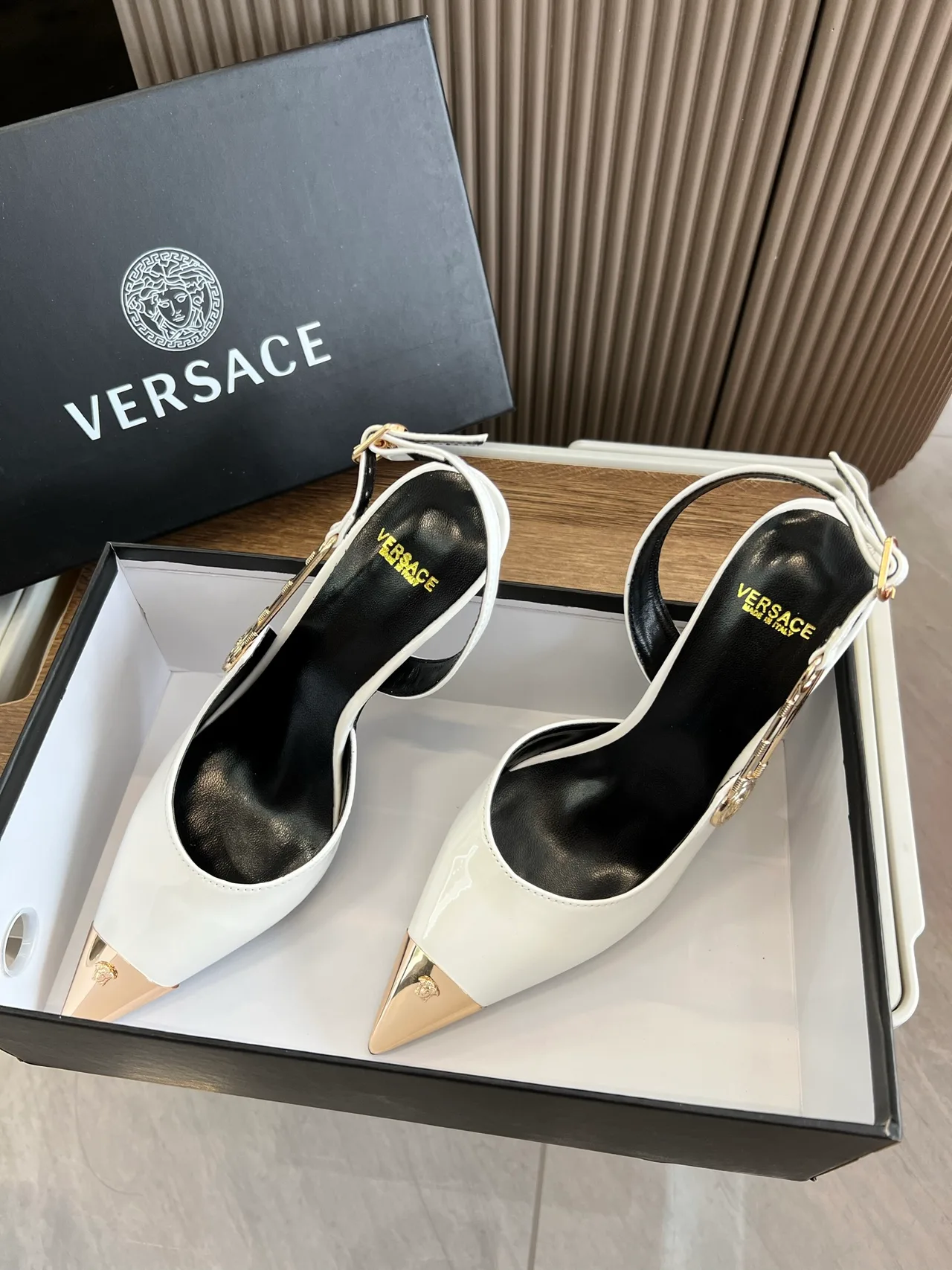 Versace Pointed-Toe Pointed Slingback Pumps in White · view 7