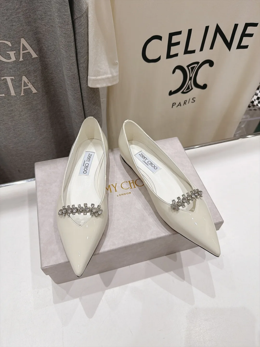 Jimmy Choo Cowhide Glossy Pointed-Toe Flats in White · view 2
