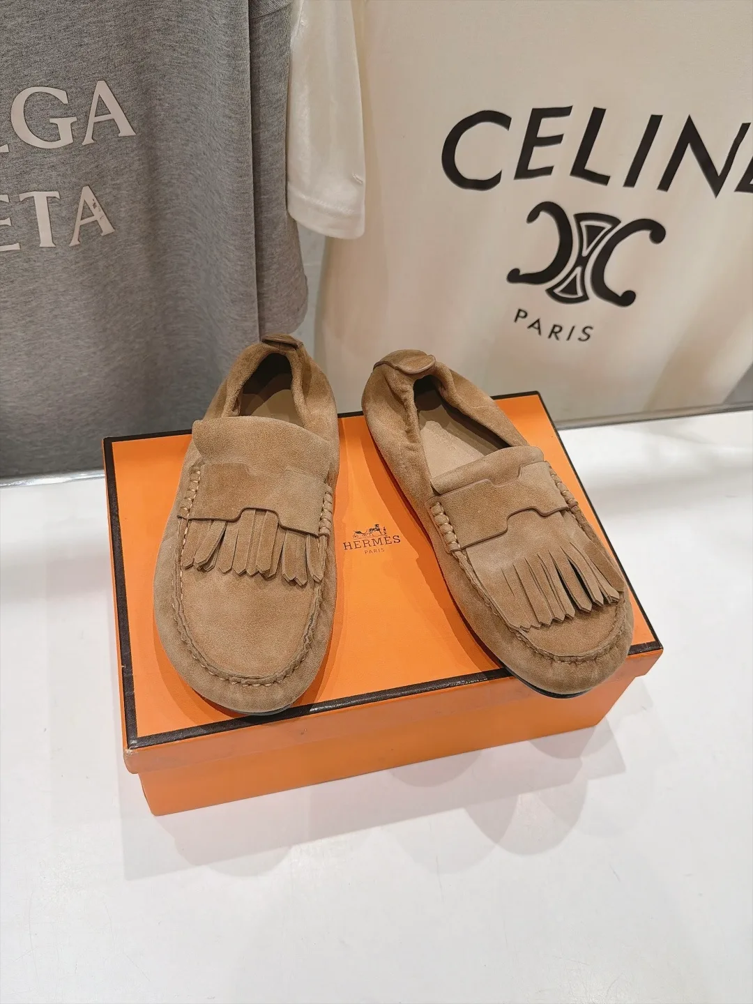 Suede-Look Round-Toe Fringe-Vamp Loafers in Brown · view 2