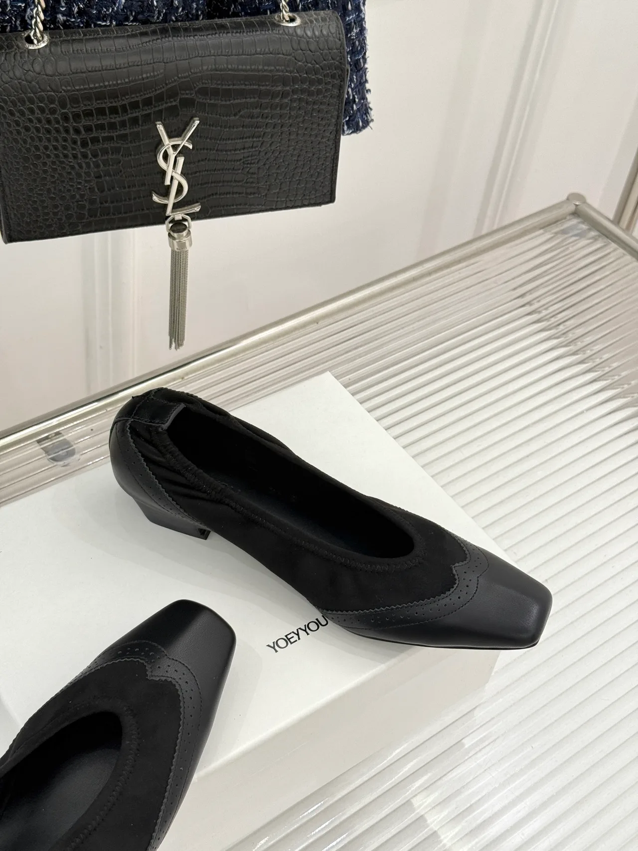 YOEYYOU Lambskin Denim Glossy Square-Toe Pumps in Black · view 5