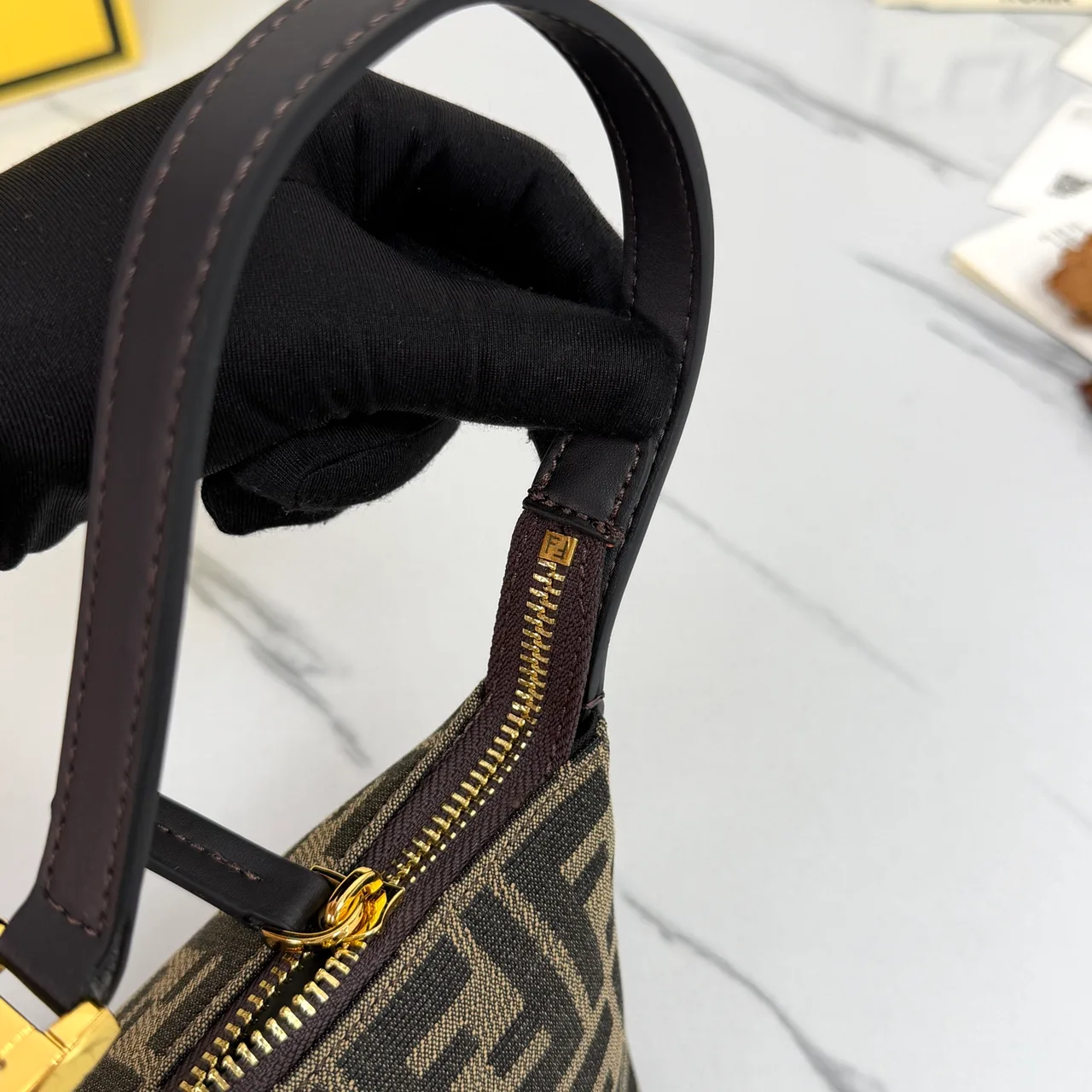 Fendi Baguette Cowhide FF-Monogram Open-Top Shoulder Bag in Brown · view 6