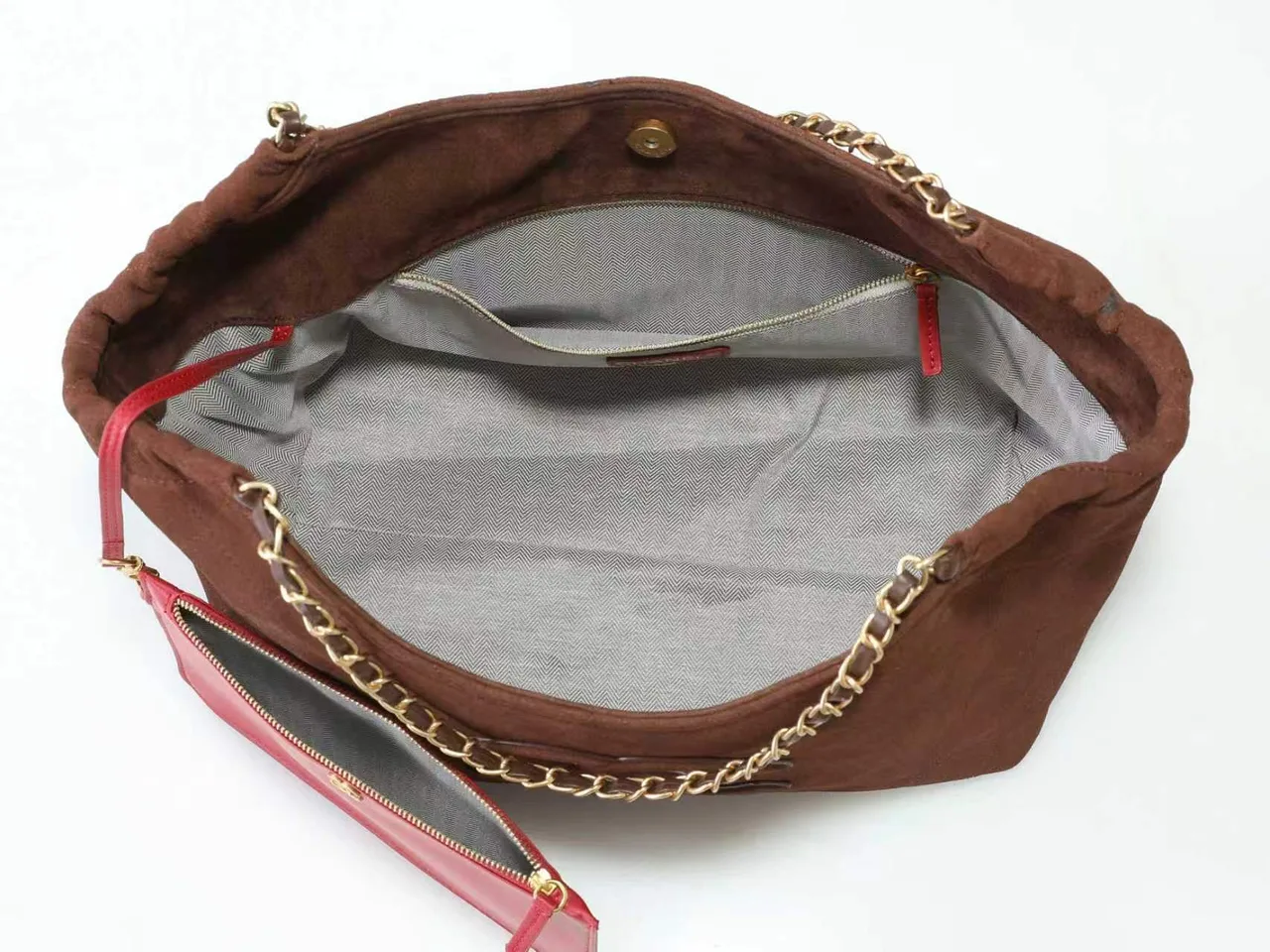 Chanel Quilted Suede-Look Hobo Bag in Brown · view 6