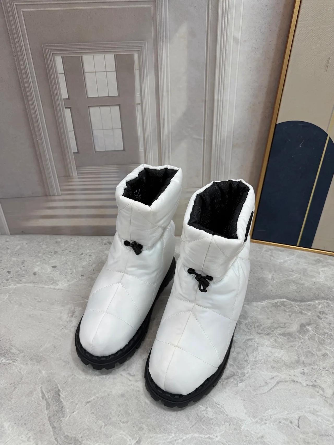 Prada Quilted Glossy Puffer Boots in White · view 7