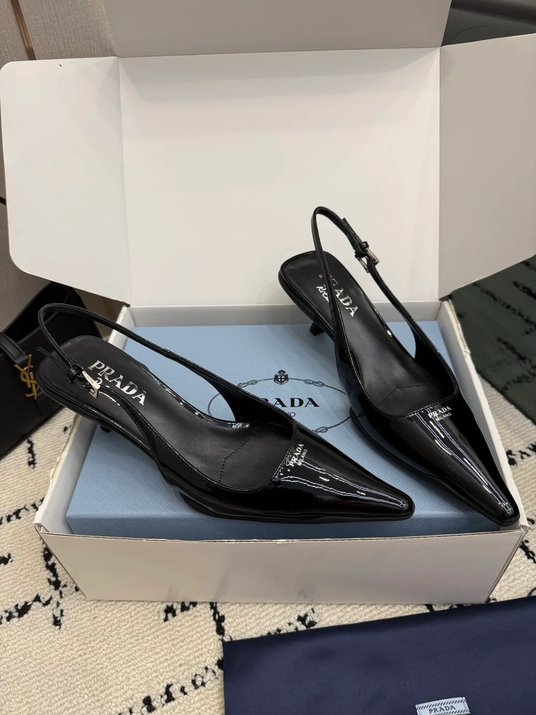 Prada Patent Leather Pointed Slingback Pumps in Black · view 2
