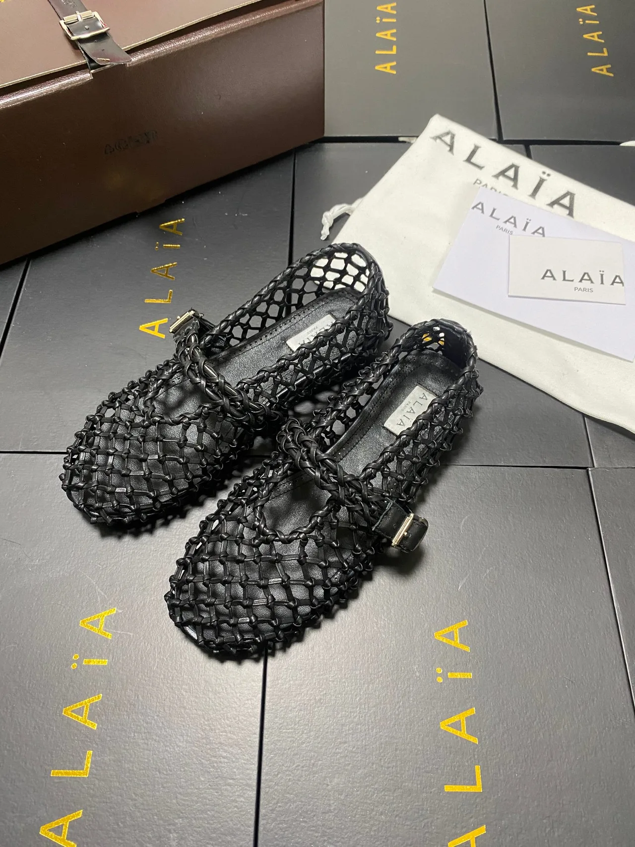 Alaia Cowhide Sheepskin Square-Toe Woven Mary Jane Flats in Black · view 4