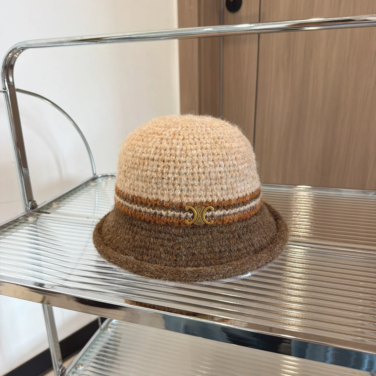Celine Knit Bucket Hat in Grey & Tan & Cream · view 2