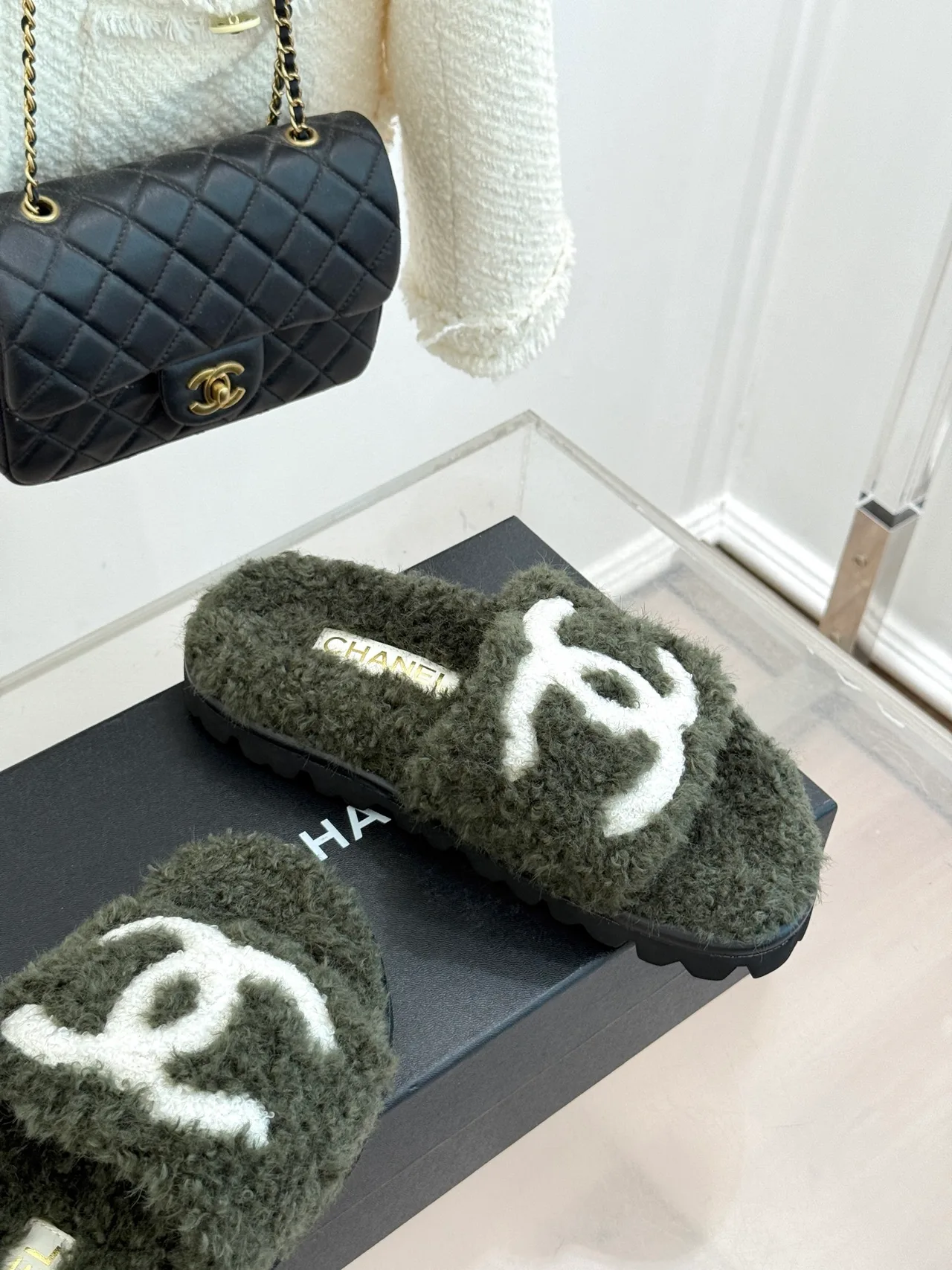 Chanel Denim Slippers in Green · view 5