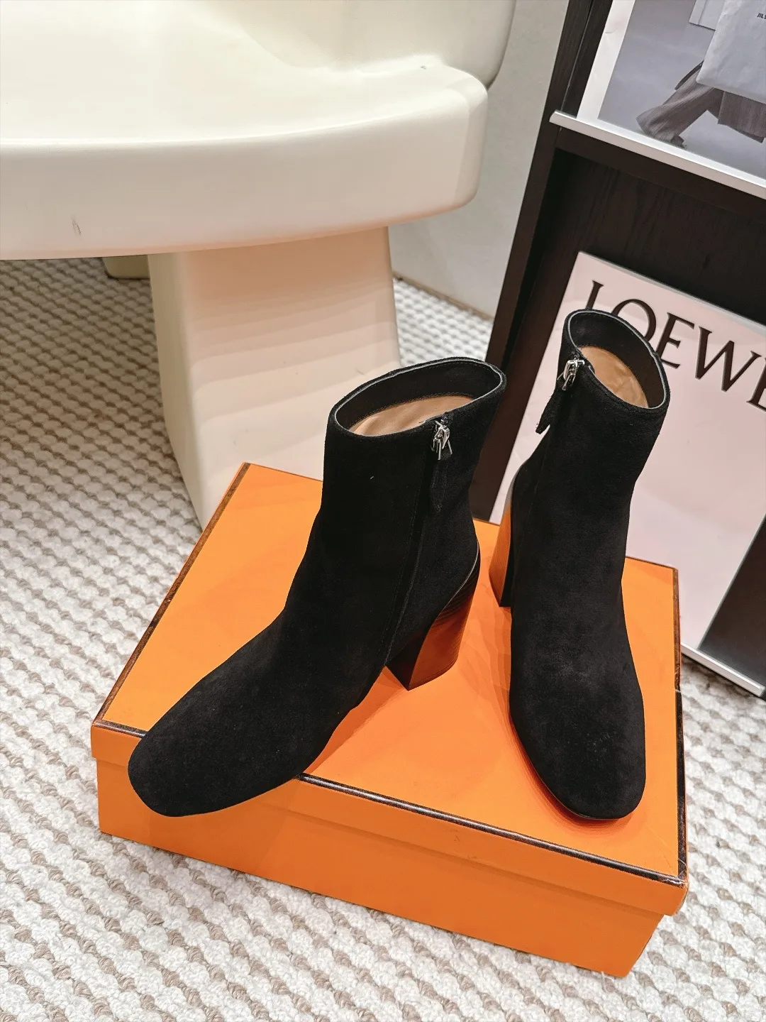 Loewe Suede-Look Square-Toe Ankle Boots in Black · view 4