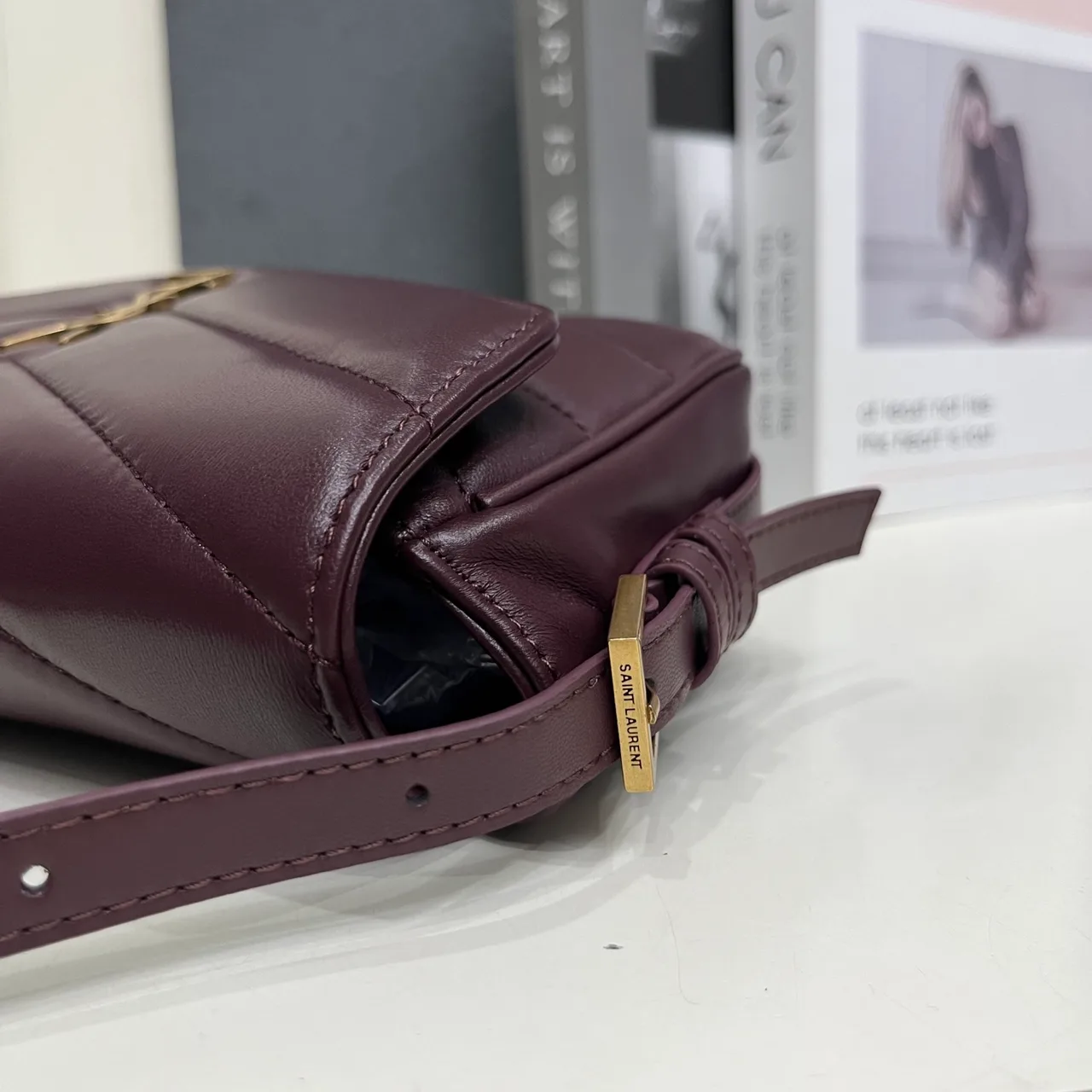 Saint Laurent Sheepskin Quilted Glossy Crossbody Bag in Burgundy · view 6