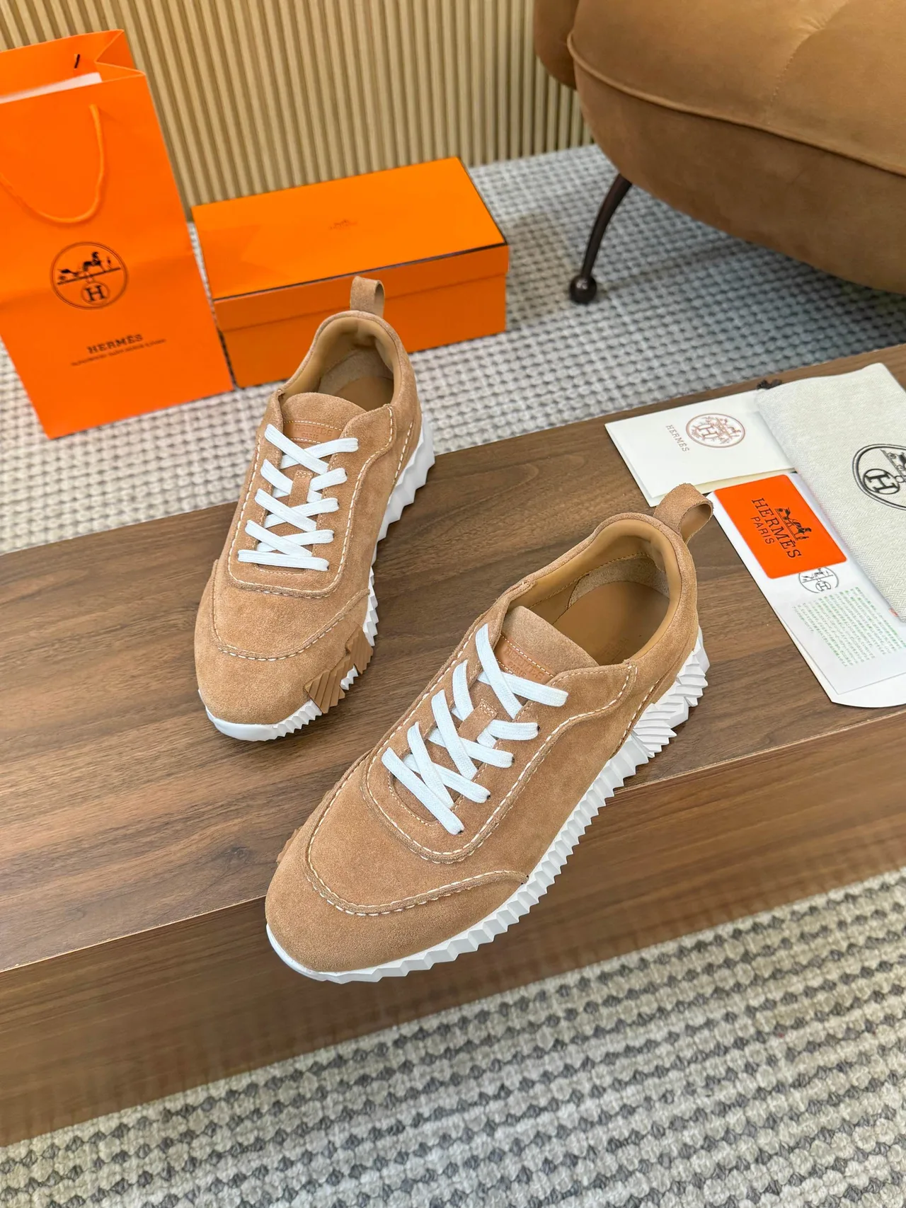 Hermes Panelled Sneakers in Tan · view 6