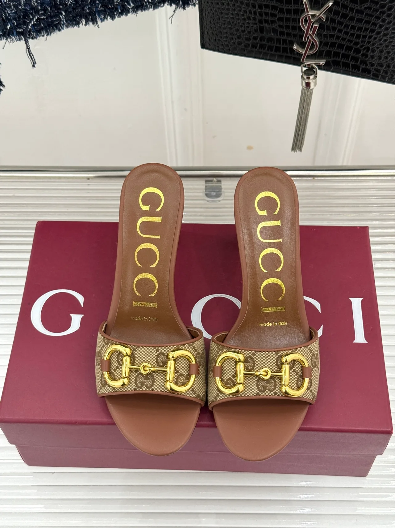 Gucci Canvas Denim Smooth Heeled Mules in Brown · view 4