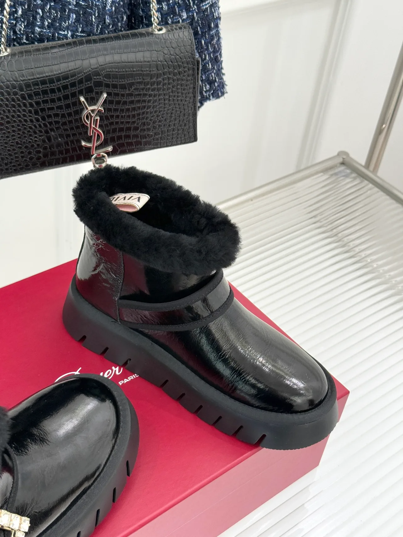Roger Vivier Wool Glossy Fur-Lined Ankle Boots in Black · view 5