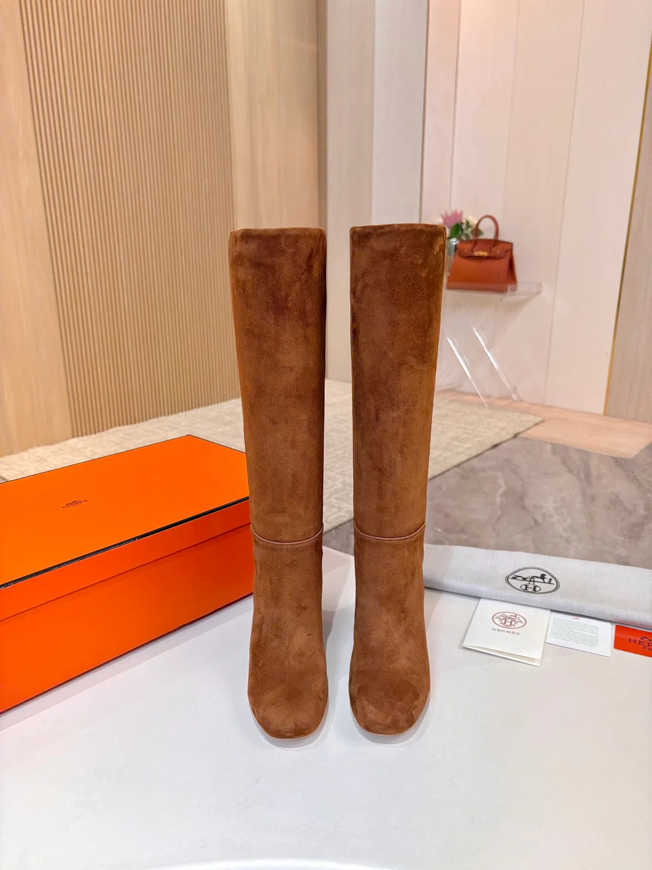 Hermes Suede-Look Round-Toe Knee-High Boots in Brown · view 2