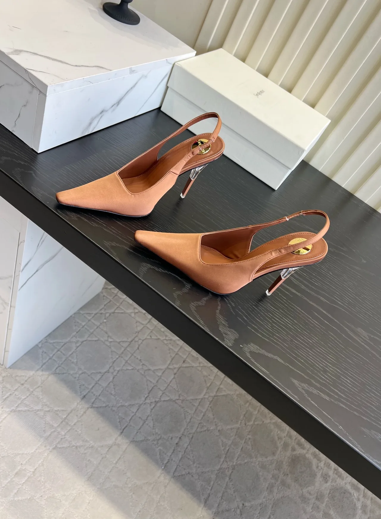 Saint Laurent Cowhide Silk Glossy Pointed-Toe Slingback Heels in Brown · view 2