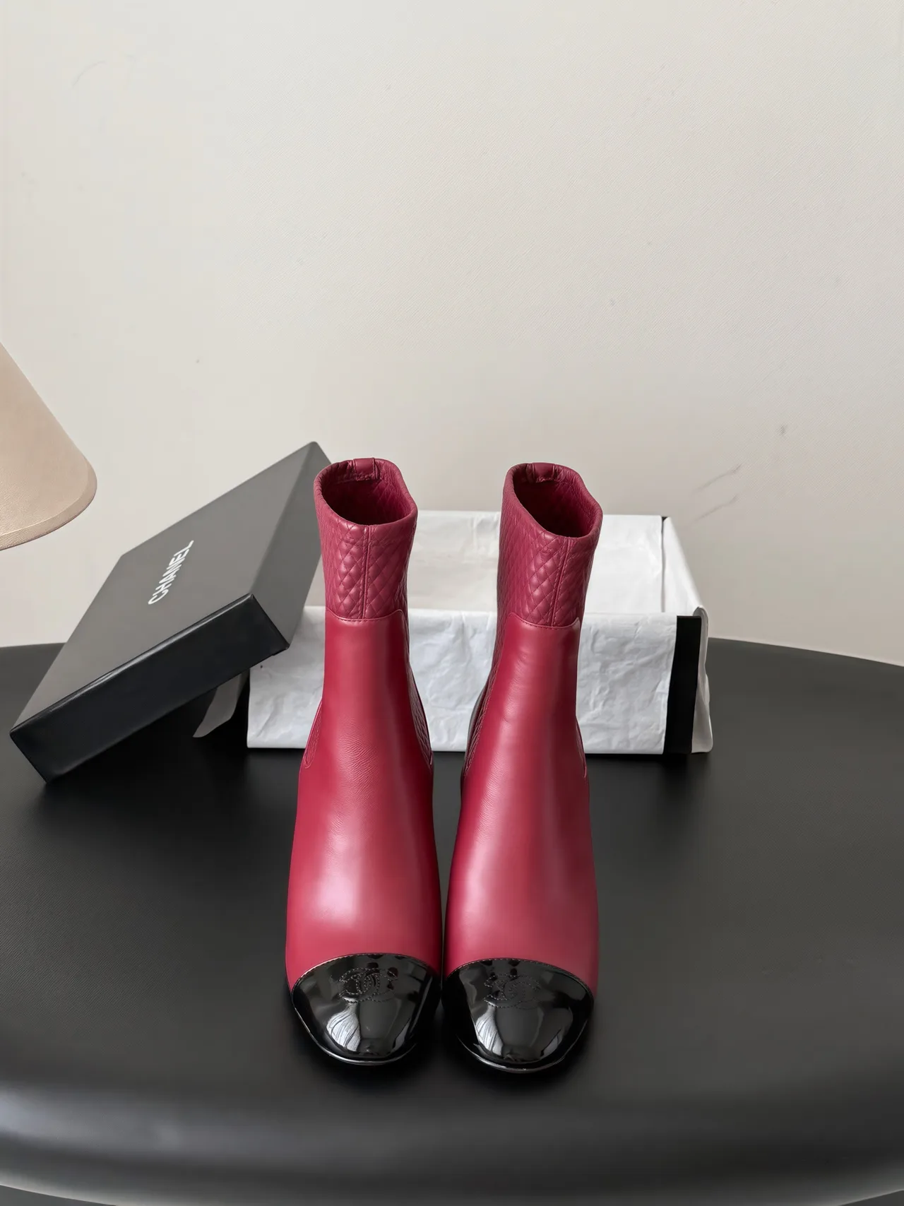 Chanel Cowhide Quilted Glossy Pointed-Toe Ankle Boots in Burgundy · view 1