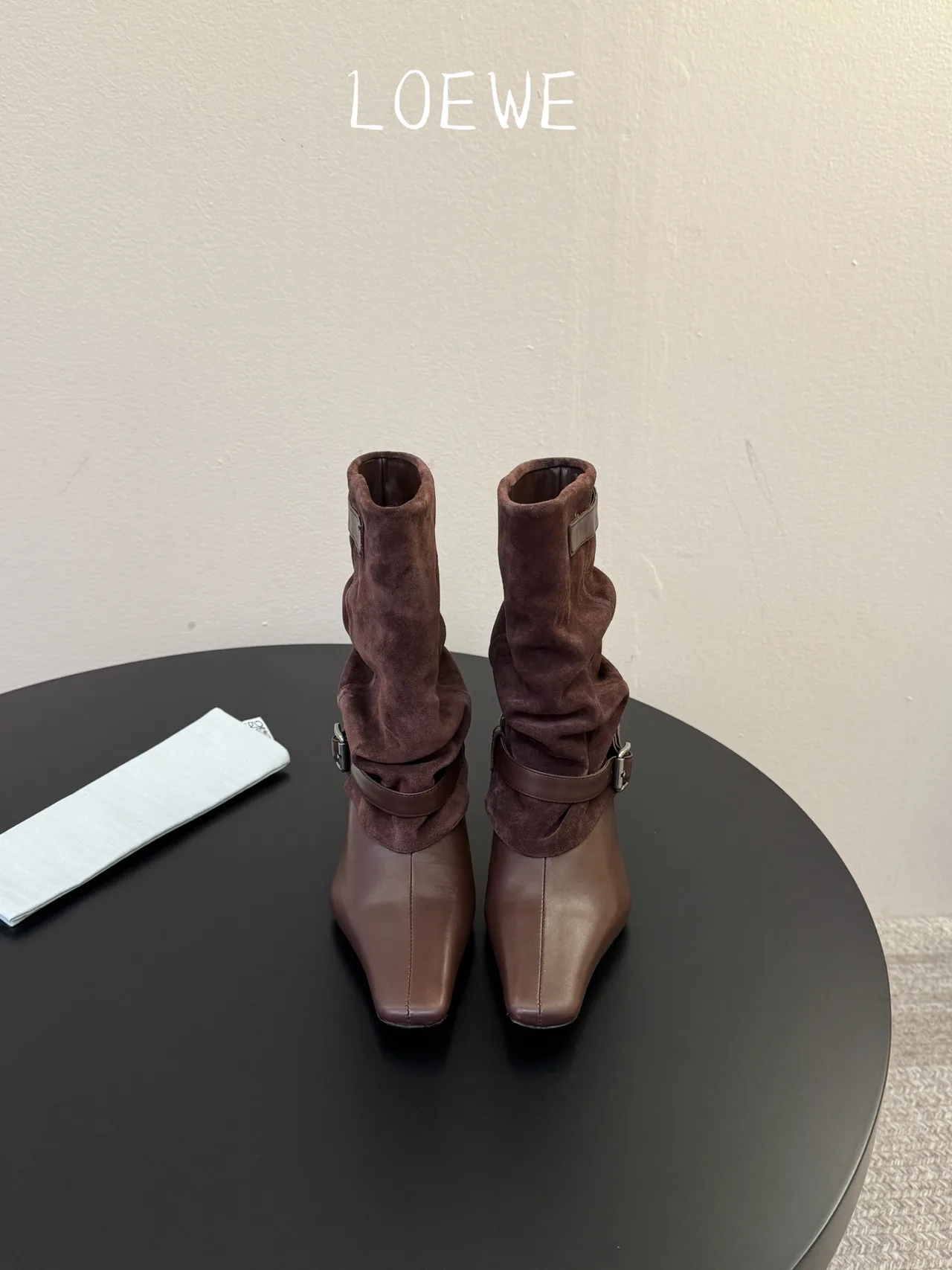 Loewe Cowhide Ribbed Suede-Look Square-Toe Buckle Ankle Boots in Brown · view 1