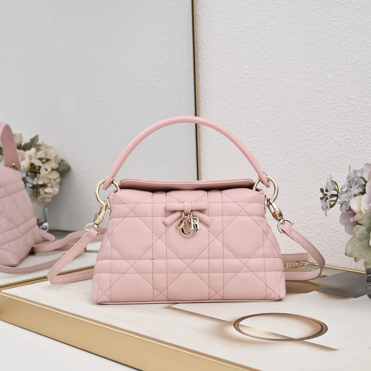 Dior Sheepskin Quilted Top-Handle Bag in Pink · view 1
