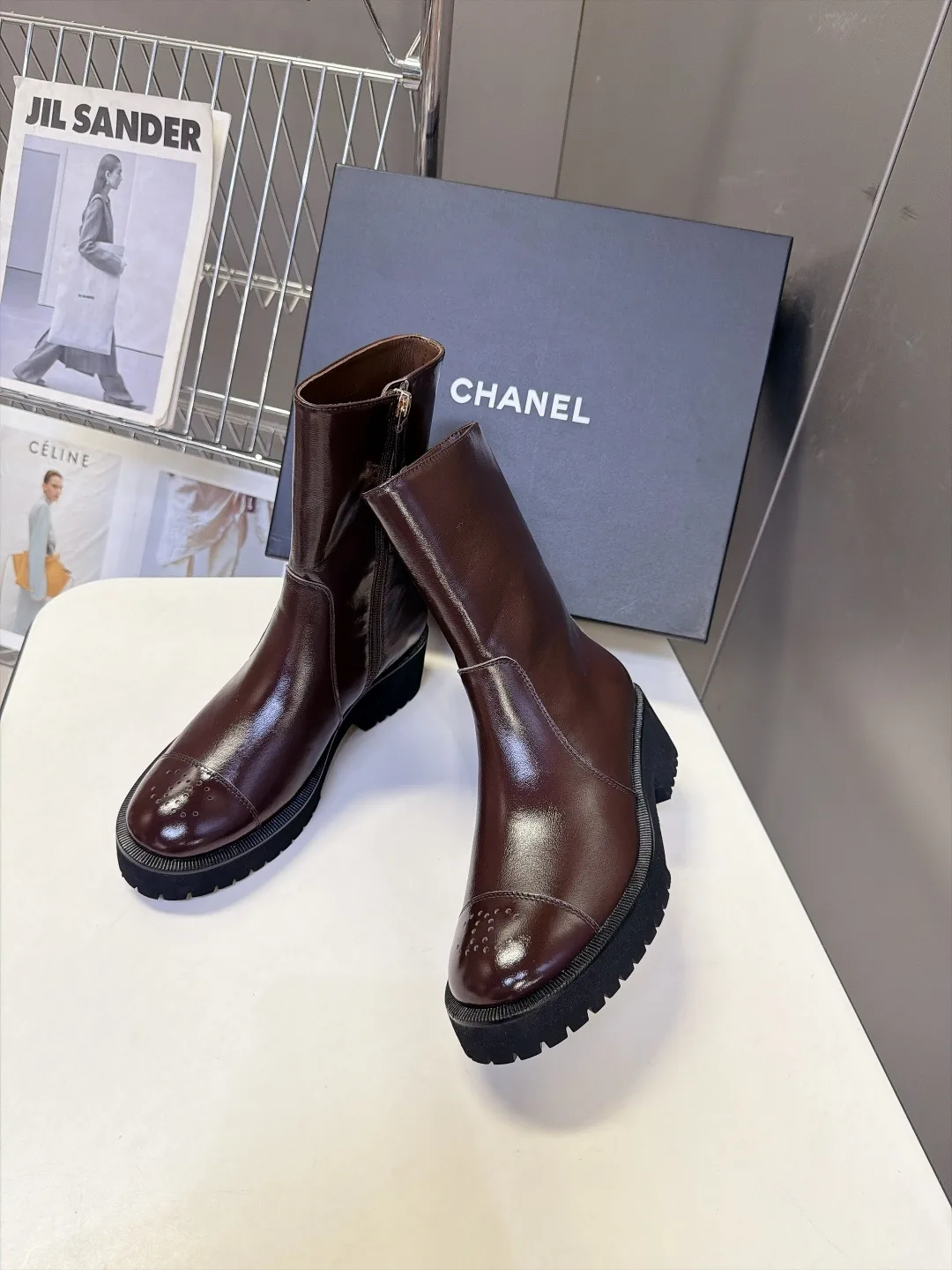 Chanel Cowhide Patent Leather Glossy Round-Toe Ankle Boots in Brown · view 4