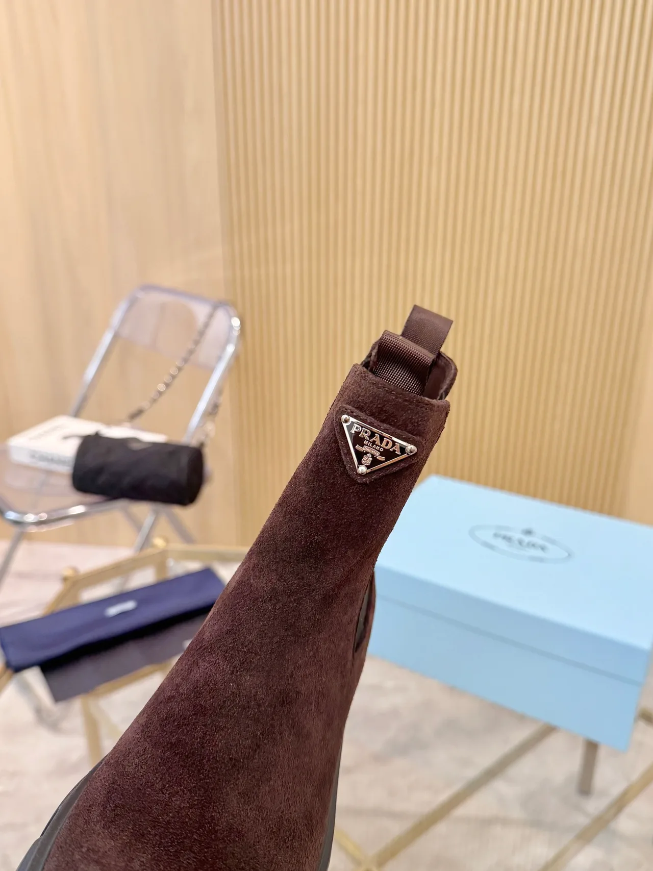 Prada Suede-Look Chelsea Boots in Brown · view 8