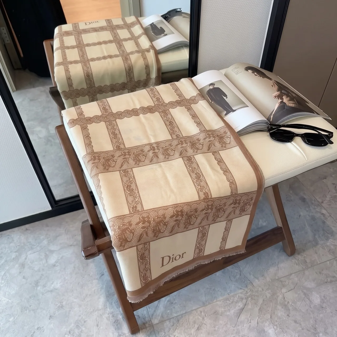 Dior Lace Check Scarf in Beige · view 5