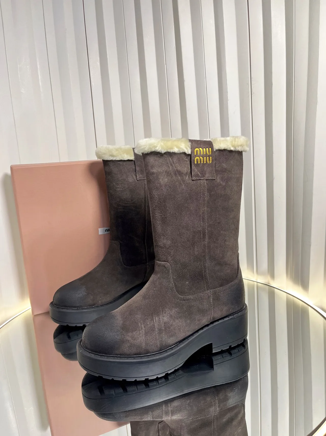 Miu Miu Calfskin Glossy Suede-Look Round-Toe Boots in Brown · view 3