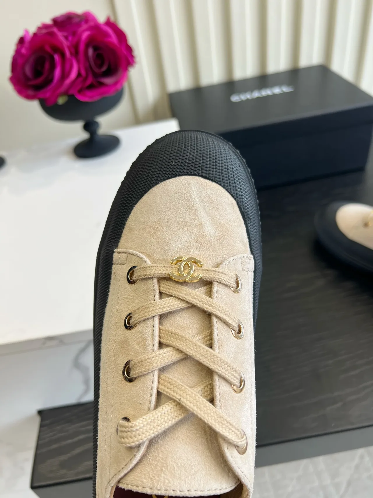 Chanel Suede-Look Round-Toe Sneakers in Beige · view 7