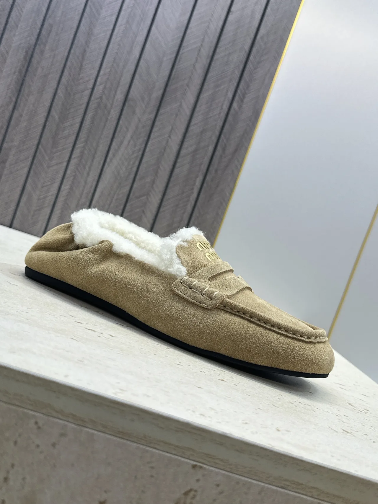 Miu Miu Round-Toe Slippers in Beige · view 6
