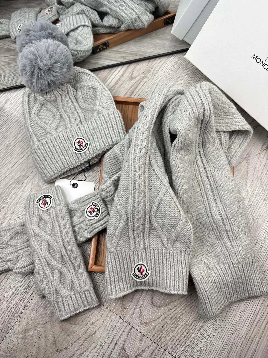 Moncler Wool Hat Scarf and Gloves Set in Grey · view 4