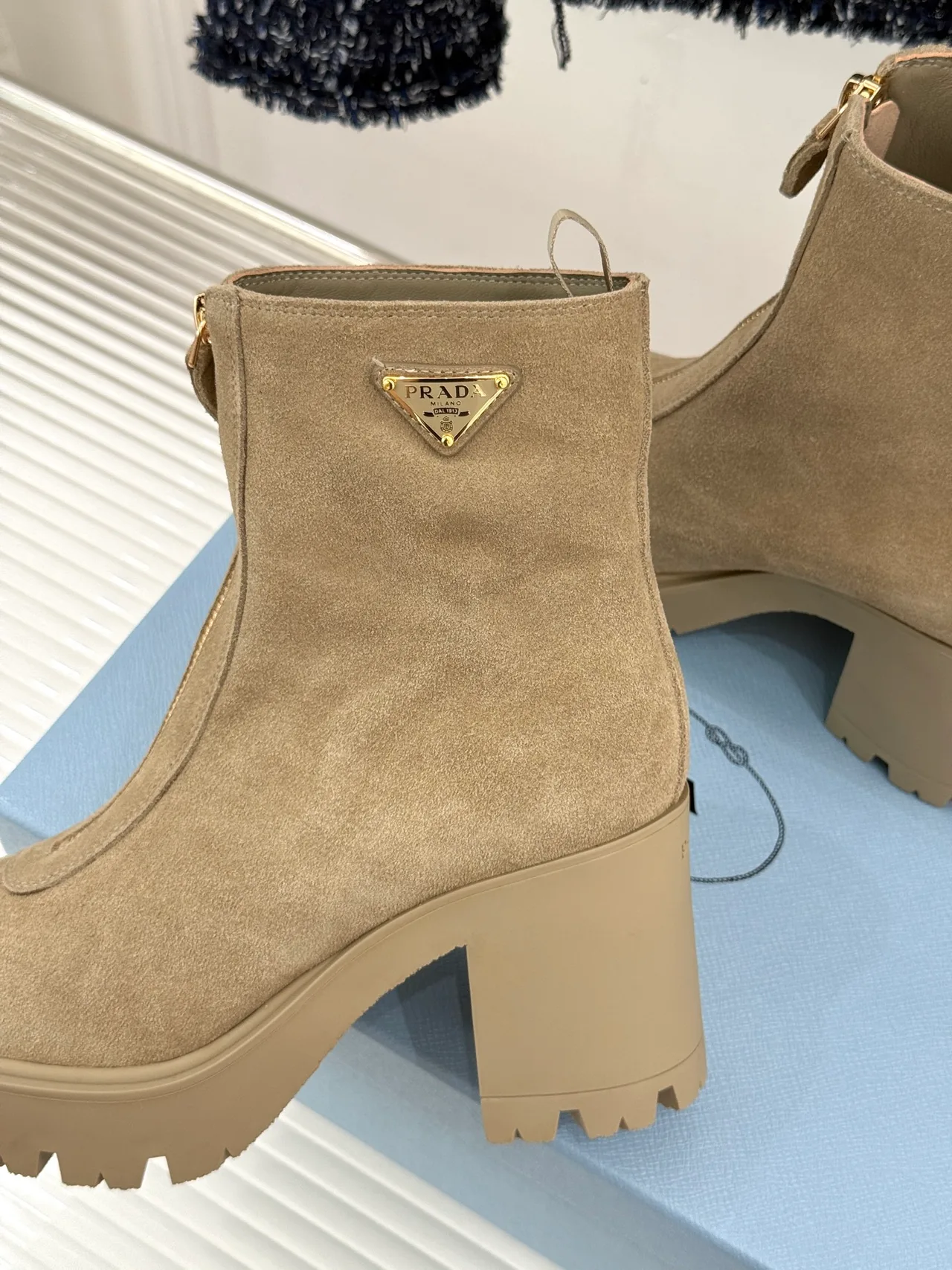 Prada Denim Suede-Look Ankle Boots in Beige · view 6