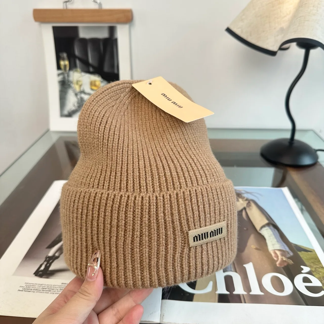 Miu Miu Ribbed Beanie in Tan · view 4