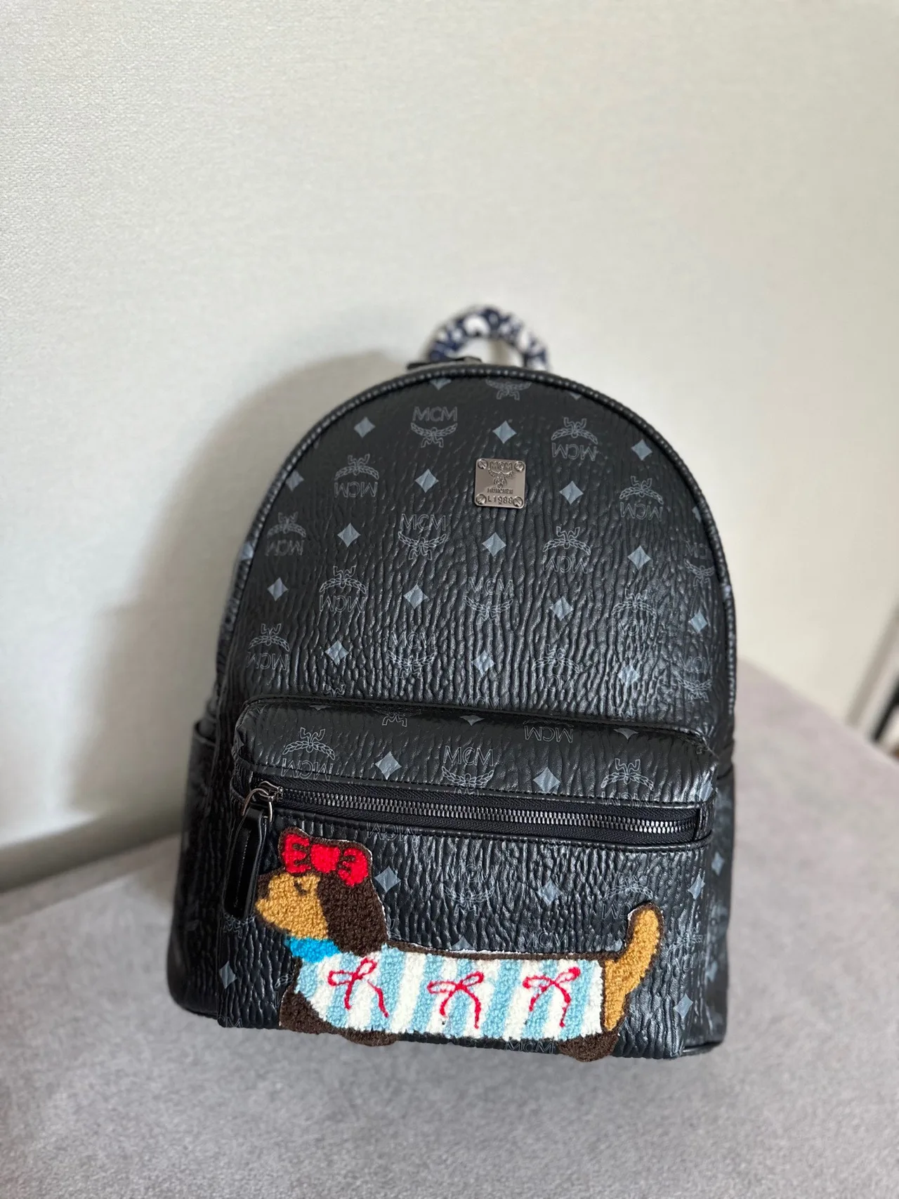MCM Bear Embroidered Backpack in Black · view 2