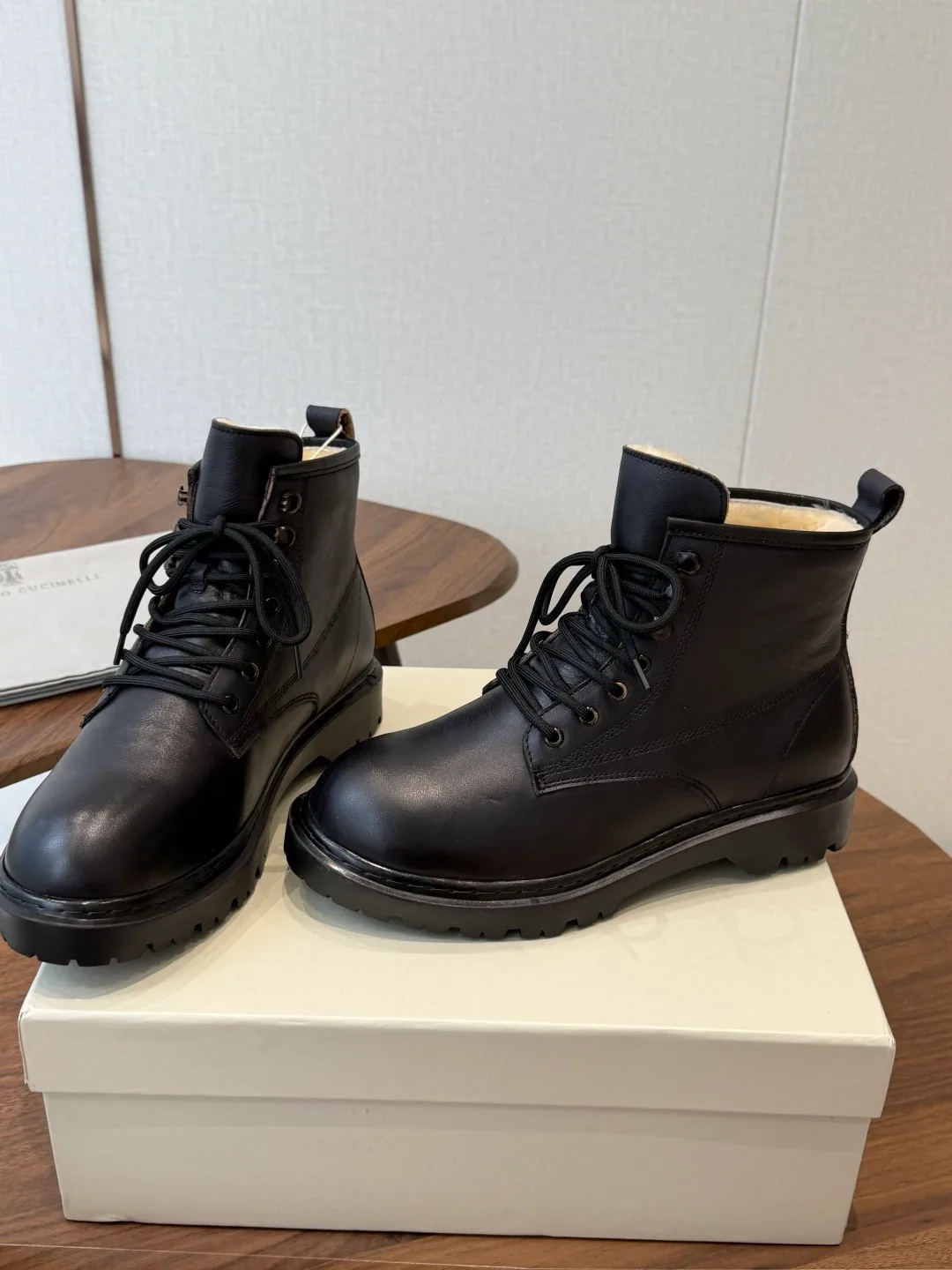 Brunello Cucinelli Cowhide Glossy Round-Toe Lace-Up Ankle Boots in Black · view 3