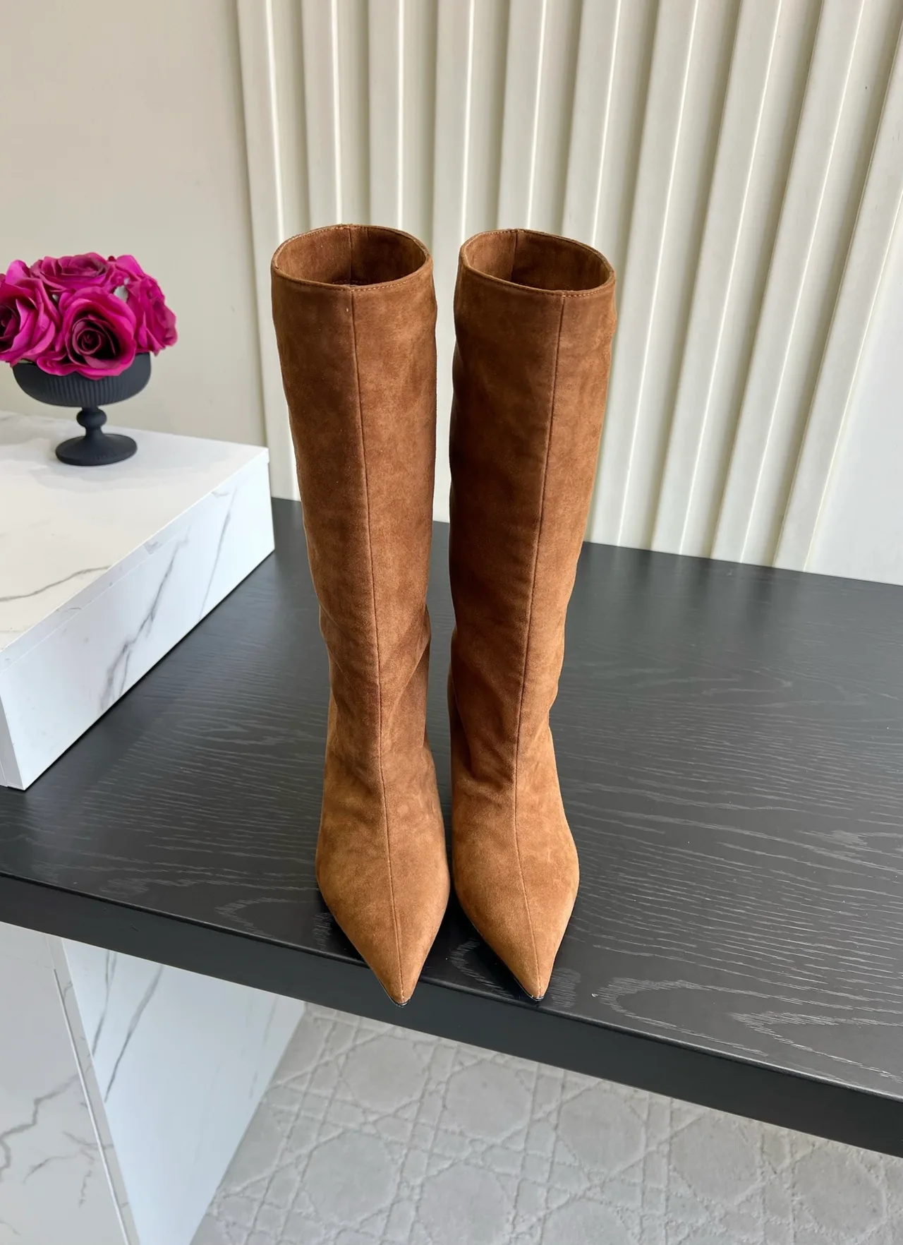 Amina Muaddi Cowhide Knee-High Boots in Tan · view 1